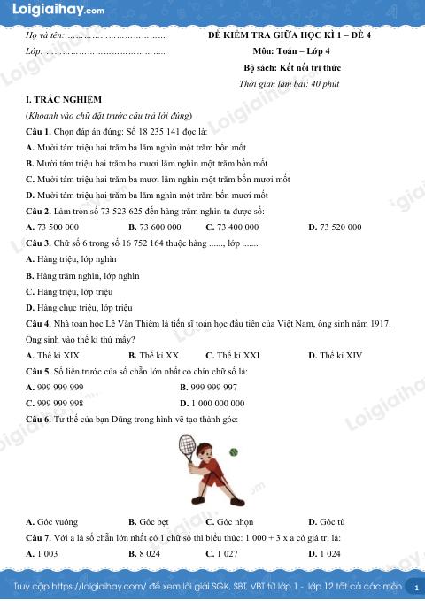 Đề kiểm tra giữa học kì 1 Toán 4 Kết nối tri thức - Đề số 4